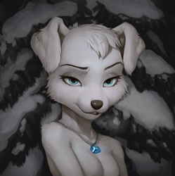 Size: 1277x1280 | Tagged: safe, artist:poisewritik, oc, oc only, oc:lucy (felicity_longis), canine, dog, mammal, anthro, bedroom eyes, bite, biting, black nose, blue eyes, breasts, conifer tree, evergreen tree, female, floppy ears, fur, hair, jewelry, lip biting, looking at you, narrowed eyes, necklace, nudity, outdoors, plant, seductive, snow, solo, solo female, tree, white body, white fur