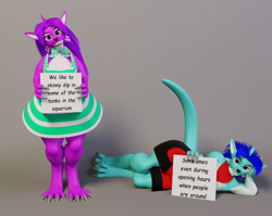 Size: 1280x1018 | Tagged: safe, artist:jesterkatz, furbooru exclusive, oc, oc only, oc:chris shores, oc:lilly padd, canine, dragon, fictional species, hybrid, lizard, mammal, reptile, wolf, anthro, digitigrade anthro, blender, blender eevee, confused, duo, female, hair, male, pet shaming, scales, sign, unamused, wolf-dragon, wolfdragon, writing