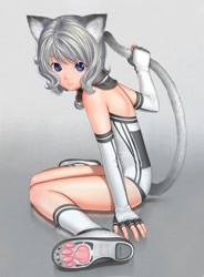 Size: 471x640 | Tagged: safe, artist:brazen, oc, oc only, animal humanoid, cat, feline, fictional species, mammal, humanoid, clothes, female, grabbing, gray hair, hair, leotard, looking at you, sitting, socks, solo, solo female, tail, tail grab