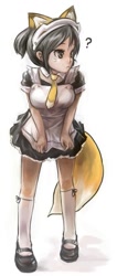Size: 349x824 | Tagged: safe, artist:ともたけ, animal humanoid, canine, fictional species, fox, mammal, humanoid, 2007, bottomwear, clothes, dress, female, four ears, knee-high socks, maid, maid outfit, necktie, shoes, skirt, tail, vixen