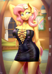 Size: 1270x1795 | Tagged: suggestive, alternate version, artist:viejillox, fluttershy (mlp), equine, fictional species, mammal, pegasus, pony, anthro, art pack:heat of the moment, friendship is magic, hasbro, my little pony, absolute cleavage, anthrofied, arm behind head, big breasts, breasts, cheek fluff, cleavage, clothes, detailed background, doorway, dress, ear fluff, ear piercing, eyebrows, eyelashes, female, flower, flower in hair, fluff, fur, hair, hair accessory, indoors, jewelry, lipstick, makeup, mare, necklace, piercing, pink hair, pink tail, shoulder fluff, solo, solo female, tail, teal eyes, wings, yellow body, yellow fur