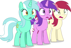 Size: 6712x4597 | Tagged: safe, artist:thatusualguy06, amethyst star (mlp), lyra heartstrings (mlp), roseluck (mlp), earth pony, equine, fictional species, mammal, pony, unicorn, feral, friendship is magic, hasbro, my little pony, 2021, absurd resolution, blue body, faic, female, females only, green eyes, hair, mare, on model, open mouth, orange eyes, purple body, purple eyes, recolor, red hair, shocked, shrunken pupils, simple background, transparent background, trio, trio female, vector