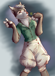 Size: 1472x2012 | Tagged: safe, artist:artxcid, oc, canine, mammal, wolf, anthro, bottomwear, brown body, brown fur, clothes, ears, fur, fursona, green eyes, hair, male, pants, shirt, simple background, solo, solo male, standing, topwear