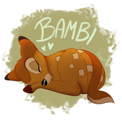Size: 900x882 | Tagged: safe, artist:tayarinne, bambi (bambi), cervid, deer, mammal, bambi (film), disney, 2d, brown body, brown fur, cute, fawn, fur, heart, male, partially transparent background, sleeping, solo, solo male, transparent background, young