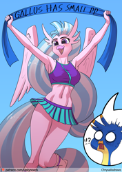 Size: 724x1024 | Tagged: suggestive, artist:chrysalisdraws, gallus (mlp), silverstream (mlp), bird, equine, feline, fictional species, gryphon, hippogriff, mammal, anthro, friendship is magic, hasbro, my little pony, 2020, anthrofied, banner, belly button, breasts, cheerleader, cheerleader outfit, clothes, digital art, feathered wings, feathers, female, female focus, implied small penis, midriff, small penis humiliation, smiling, solo focus, wings