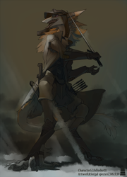 Size: 900x1248 | Tagged: safe, artist:mick39, fictional species, mammal, sergal, anthro, ambiguous gender, crossbow, solo, solo ambiguous, weapon