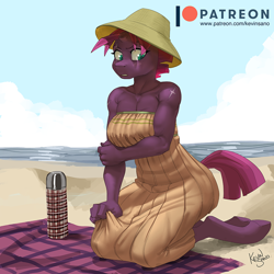 Size: 900x900 | Tagged: safe, artist:kevinsano, tempest shadow (mlp), equine, fictional species, mammal, pony, unicorn, anthro, unguligrade anthro, friendship is magic, hasbro, my little pony, my little pony: the movie, angry, anthrofied, arm under breasts, beach, beach towel, breasts, broken horn, cleavage, clothes, dress, eye scar, eyebrows, eyelashes, female, flask, fur, hair, hat, hooves, horn, kneeling, mare, muscles, outdoors, patreon logo, pecs, pink hair, pink tail, purple body, purple fur, scar, signature, solo, solo female, summer, sundress, tail, teal eyes, thermos, towel, unamused