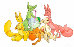Size: 1300x838 | Tagged: safe, artist:zaush, fictional species, mammal, semi-anthro, 2005, citra, drink, drinking, drinking straw, food, fruit, fur, glass, grapefruit, green body, green fur, group, lemon, lime, male, margarita, orange, paws, red body, red fur, simple background, tail, white background, yellow body, yellow fur