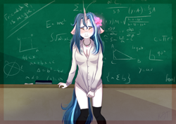Size: 1280x905 | Tagged: suggestive, artist:shiro-roo, oc, oc only, oc:white lily-rose, equine, fictional species, mammal, pony, unicorn, anthro, blushing, breasts, chalkboard, classroom, cleavage, clothes, covering, embarrassed, embarrassed nude exposure, eyes closed, female, floppy ears, flower, flower in hair, hair, hair accessory, indoors, kneesocks, mare, math, nudity, partial nudity, shirt, shirt pull, socks, solo, solo female, topwear