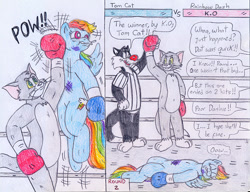 Size: 993x764 | Tagged: safe, artist:jose-ramiro, rainbow dash (mlp), sylvester (looney tunes), tom cat (tom and jerry), cat, equine, feline, fictional species, mammal, pegasus, pony, anthro, friendship is magic, hasbro, looney tunes, my little pony, tom and jerry, warner brothers, anthrofied, boxing, crossover, female, group, knockout, male, mare, trio