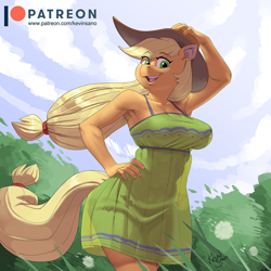 Size: 900x900 | Tagged: suggestive, artist:kevinsano, applejack (mlp), earth pony, equine, fictional species, mammal, pony, anthro, friendship is magic, hasbro, my little pony, anthrofied, armpits, big breasts, blonde hair, blonde tail, breasts, clothes, cowboy hat, detailed background, dress, eyebrow through hair, eyebrows, eyelashes, female, freckles, fur, grass, green eyes, hair, hat, huge breasts, long hair, looking at you, mare, open mouth, open smile, orange body, orange fur, outdoors, patreon logo, see-through, signature, smiling, solo, solo female, summer, sundress, tail