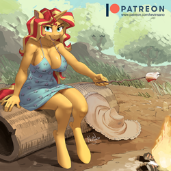 Size: 900x900 | Tagged: suggestive, artist:kevinsano, sunset shimmer (mlp), equine, fictional species, mammal, pony, unicorn, anthro, unguligrade anthro, friendship is magic, hasbro, my little pony, anthrofied, big breasts, breasts, campfire, clothes, cyan eyes, dress, eyebrows, eyelashes, female, fire, food, fur, hair, hand hold, hat, holding, hooves, log, long hair, looking at you, mare, marshmallow, multicolored hair, multicolored tail, open mouth, outdoors, patreon, patreon logo, red hair, red tail, sitting, solo, solo female, stick, summer, sundress, tail, two toned hair, two toned tail, yellow body, yellow fur, yellow hair, yellow tail