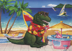 Size: 1280x918 | Tagged: safe, artist:jennyadams, bird, dinosaur, flamingo, theropod, tyrannosaurus rex, semi-anthro, 1992, 20th century, 80s, alcohol, aloha shirt, bar, beach, beach bar, claws, clothes, cocktail, cocktail garnish, cocktail glass, cocktail umbrella, drink, glasses, green body, palm tree, scales, seaside, shirt, smiley face, sunglasses, surfboard, surfing, swimming pool, tail, teeth, topwear, tree, windsurfing