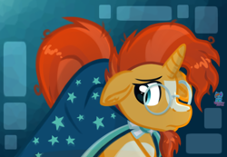 Size: 1920x1325 | Tagged: safe, artist:rainbow eevee, sunburst (mlp), feral, friendship is magic, hasbro, my little pony, blue background, blue eyes, cape, cute, depressed, digital art, frowning, fur, glasses, male, messy mane, orange body, orange fur, round glasses, sad, simple background, solo, solo male, stars, two toned body