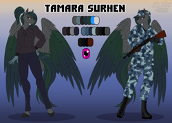 Size: 1400x1000 | Tagged: safe, artist:sunny way, oc, oc:tamara surhen, bird, equine, fictional species, hippogriff, mammal, anthro, hasbro, my little pony, anthro hippogriff, anthrofied, artwork, clothes, commission, cute, digital art, female, gun, military, reference, reference sheet, smiling, weapon, wings