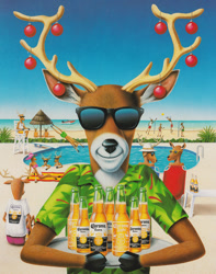 Size: 1280x1623 | Tagged: safe, artist:thomas szumowski, official art, cervid, deer, mammal, anthro, 1993, 20th century, advertisement, alcohol, aloha shirt, antlers, ball, beach, beer, beer bottle, brown body, christmas, christmas ball, clothes, cloven hooves, corona (beer), drink, fur, glasses, group, holiday, hooves, lifeguard, male, outdoors, party, pool party, seaside, shirt, solo, solo male, summer, sunglasses, swimming pool, topwear, volleyball