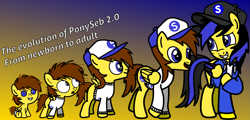 Size: 9571x4600 | Tagged: safe, artist:mrstheartist, oc, oc only, oc:ponyseb, oc:ponyseb 2.0, equine, fictional species, mammal, pegasus, pony, feral, friendship is magic, hasbro, my little pony, absurd resolution, age progression, baby, baby pony, base used, cap, clothes, colt, foal, gradient background, hat, hoodie, male, multeity, stallion, sweater, teenager, toddler, topwear, young, younger