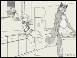 Size: 900x675 | Tagged: safe, artist:t-kay, oc, oc only, oc:daigo, oc:katie, canine, mammal, mouse, rodent, wolf, anthro, plantigrade anthro, apron, belly button, bottomwear, clothes, cooking, crop top, cropped shirt, female, fridge, kitchen, male, midriff, shirt, shorts, topwear, work in progress