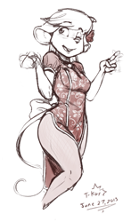 Size: 571x969 | Tagged: safe, artist:t-kay, oc, oc only, oc:katie, mammal, mouse, rodent, anthro, 2013, blushing, bow, cheongsam, chinese dress, clothes, dress, female, flower, flower in hair, hair, hair accessory, legwear, one eye closed, side slit, sketch, smiling, solo, solo female, winking
