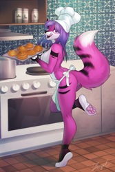 Size: 600x900 | Tagged: safe, artist:iskra, oc, oc only, oc:selene, canine, fox, mammal, anthro, apron, breasts, butt, chef's hat, cinnamon bun, clothes, female, food, hat, kitchen, licking, licking lips, looking at you, naked apron, nudity, open mouth, partial nudity, paw pads, paws, purple eyes, smiling, solo, solo female, tongue, tongue out, tray, underpaw, vixen