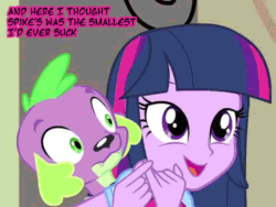 Size: 960x720 | Tagged: suggestive, edit, edited screencap, screencap, twilight sparkle (mlp), canine, dog, human, mammal, friendship is magic, hasbro, my little pony, animated, caption, cropped, cute, dialogue, duo, female, gif, humiliation, implied small penis, looking at you, pinky finger, she knows, small penis humiliation, smiling, smirk, talking, talking to viewer