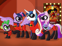 Size: 2732x2048 | Tagged: safe, artist:justsomepainter11, bob parr (the incredibles), dash parr (the incredibles), helen parr (the incredibles), jack-jack parr (the incredibles), princess cadence (mlp), princess flurry heart (mlp), shining armor (mlp), spike (mlp), twilight sparkle (mlp), violet parr (the incredibles), alicorn, dragon, equine, fictional species, mammal, pony, unicorn, feral, semi-anthro, disney, friendship is magic, hasbro, my little pony, pixar, the incredibles, baby, blue hair, blue mane, brother, brother and sister, cosplay, crossover, daughter, father, father and child, father and daughter, female, filly, foal, fur, hair, high res, husband, husband and wife, incredibles 2, male, mane, mare, married couple, mother, mother and daughter, mother and father, multicolored mane, multicolored tail, parents, purple body, purple fur, siblings, sister, sisters-in-law, tail, wife, wings, young