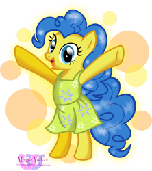 Size: 2307x2600 | Tagged: safe, artist:meganlovesangrybirds, joy (inside out), pinkie pie (mlp), earth pony, equine, fictional species, mammal, pony, feral, disney, friendship is magic, hasbro, inside out, my little pony, pixar, 2d, bipedal, blue eyes, blue hair, blue mane, blue tail, clothes, cosplay, crossover, dress, emotion, emotion (inside out), female, fur, hair, happy, high res, mane, mare, partially transparent background, solo, solo female, tail, transparent background, ungulate, yellow body, yellow fur