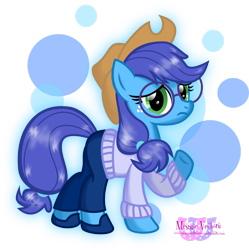 Size: 2442x2456 | Tagged: safe, artist:meganlovesangrybirds, applejack (mlp), sadness (inside out), earth pony, equine, fictional species, mammal, pony, feral, disney, friendship is magic, hasbro, inside out, my little pony, pixar, 2d, blue, blue body, blue fur, blue hair, blue mane, blue tail, clothes, cosplay, cowboy hat, crossover, emotion, emotion (inside out), female, fur, glasses, green eyes, hair, hat, high res, mane, mare, round glasses, sad, solo, solo female, tail, transparent background, ungulate