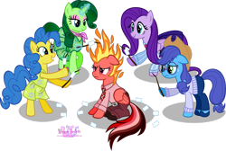 Size: 2988x2008 | Tagged: safe, artist:meganlovesangrybirds, anger (inside out), applejack (mlp), disgust (inside out), fear (inside out), fluttershy (mlp), joy (inside out), pinkie pie (mlp), rainbow dash (mlp), rarity (mlp), sadness (inside out), earth pony, equine, fictional species, mammal, pegasus, pony, unicorn, feral, disney, friendship is magic, hasbro, inside out, my little pony, pixar, 2d, bottomwear, clothes, cosplay, crossover, dress, emotion, emotion (inside out), emotions, female, females only, fire hair, food, glasses, group, high res, mare, marshmallow, pants, simple background, skirt, transparent background, unamused