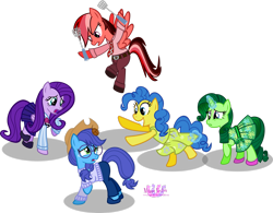 Size: 2771x2164 | Tagged: safe, artist:meganlovesangrybirds, anger (inside out), applejack (mlp), disgust (inside out), fear (inside out), fluttershy (mlp), joy (inside out), pinkie pie (mlp), rainbow dash (mlp), rarity (mlp), sadness (inside out), arthropod, cockroach, earth pony, equine, fictional species, insect, mammal, pegasus, pony, unicorn, feral, disney, friendship is magic, hasbro, inside out, my little pony, pixar, 2d, bottomwear, clothes, cosplay, crossover, dress, emotion, emotion (inside out), emotions, female, group, high res, mare, pants, simple background, skirt, transparent background, ungulate