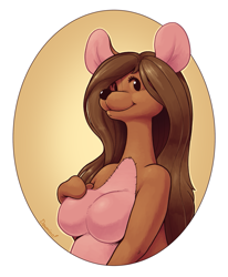 Size: 1055x1280 | Tagged: safe, artist:dawmino, kanga (winnie-the-pooh), kangaroo, mammal, marsupial, anthro, disney, winnie-the-pooh, 2d, breasts, brown body, brown fur, brown hair, female, fur, hair, hand on breast, macropod, partially transparent background, pink belly, solo, solo female, transparent background