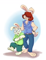 Size: 1512x1976 | Tagged: safe, artist:orlandofox, molly macdonald (arthur), lagomorph, mammal, rabbit, anthro, arthur (series), pbs, 2d, arm fluff, barefoot, bottomwear, brother, brother and sister, brown hair, chest fluff, clothes, duo, female, fluff, fur, glasses, hair, hair over eyes, hand on hip, james macdonald (arthur), male, pants, pink tongue, siblings, signature, sister, smiling, tail, tail fluff, tomboy, tongue, white body, white fur