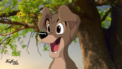 Size: 2304x1296 | Tagged: safe, artist:walfordarts, scamp (lady and the tramp), canine, dog, mammal, mutt, disney, lady and the tramp, 2d, brown eyes, front view, fur, gray body, gray fur, male, open mouth, solo, solo male, three-quarter view