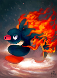 Size: 800x1094 | Tagged: safe, artist:ry-spirit, pingu (pingu), bird, penguin, semi-anthro, cc by-nc-nd, creative commons, pingu (series), 2d, angry, bird feet, black feathers, feathers, fire, male, solo, solo male