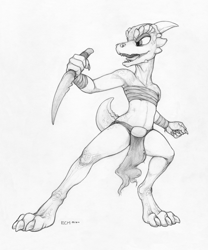 Size: 1175x1413 | Tagged: safe, artist:ecmajor, fictional species, kobold, reptile, anthro, 2017, bandage, black and white, claws, clothes, crysknife, female, grayscale, knife, loincloth, monochrome, open mouth, scales, simple background, solo, solo female, tail, teeth, tongue, traditional art, weapon, white background