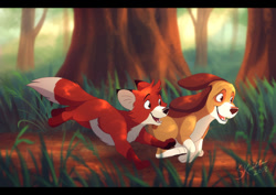 Size: 500x353 | Tagged: safe, artist:skailla, copper (the fox and the hound), tod (the fox and the hound), bloodhound, canine, dog, fox, mammal, red fox, disney, the fox and the hound, 2d, cub, cute, duo, duo male, letterboxing, low res, male, males only, puppy, young