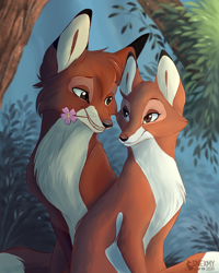 Size: 1600x2000 | Tagged: safe, artist:snexmy, tod (the fox and the hound), vixey (the fox and the hound), canine, fox, mammal, red fox, feral, disney, the fox and the hound, 2020, 2d, beanbrows, brown eyes, cheek fluff, duo, fangs, female, flower, fluff, fur, looking at each other, male, male/female, orange body, orange fur, sharp teeth, shipping, slit pupils, teeth, vixen, vixeytod (the fox and the hound), watermark, white body, white fur