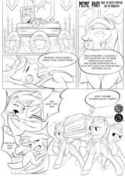 Size: 2480x3508 | Tagged: safe, artist:madgehog, princess celestia (mlp), alicorn, equine, fictional species, mammal, pegasus, pony, friendship is magic, hasbro, my little pony, black and white, coffin, coffin dance, comic, commission, dancing, dreaming, glasses, grayscale, high res, meme, monochrome, pain, prank, sleeping, sunglasses