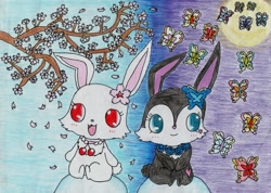 Size: 1200x854 | Tagged: safe, artist:cindy rabbito, luea (jewelpet), ruby (jewelpet), arthropod, butterfly, insect, lagomorph, mammal, rabbit, jewelpet (sanrio), sanrio, duo, duo female, ears, female, females only, flower, flower in hair, hair, hair accessory, pixiv, tail, traditional art