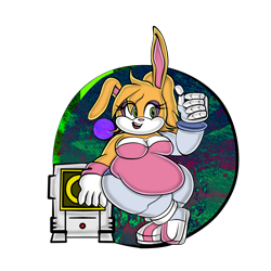 Size: 2400x2400 | Tagged: suggestive, artist:mr-nobody, bunnie rabbot (sonic), lagomorph, mammal, rabbit, anthro, archie sonic the hedgehog, sega, sonic the hedgehog (series), 2020, big breasts, breasts, cleavage, clothes, eyelashes, fat, fat fetish, female, fetish, gloves, green eyes, high res, huge belly, monitor, obese, open mouth, partially transparent background, robotic limbs, solo, solo female, style emulation, thick thighs, thighs, thumbs up, transparent background, white gloves