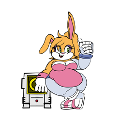 Size: 2400x2400 | Tagged: suggestive, alternate version, artist:mr-nobody, bunnie rabbot (sonic), lagomorph, mammal, rabbit, anthro, archie sonic the hedgehog, sega, sonic the hedgehog (series), 2020, big breasts, breasts, cleavage, clothes, eyelashes, fat, fat fetish, female, fetish, flat colors, gloves, green eyes, high res, huge belly, monitor, obese, open mouth, robotic limbs, simple background, solo, solo female, style emulation, thick thighs, thighs, thumbs up, transparent background, white gloves