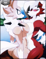 Size: 1620x2070 | Tagged: suggestive, artist:knightmnlight98, fictional species, lycanroc, mammal, midday lycanroc, midnight lycanroc, anthro, nintendo, pokémon, 2021, anthro/anthro, back fluff, big breasts, big butt, black hair, black nose, breasts, breasts frottage, butt, cleavage fluff, colored sclera, duo, duo female, ears, female, female/female, females only, fluff, fur, hair, hair over one eye, multicolored fur, multicolored hair, neck fluff, pink eyes, pink sclera, red body, red fur, short tail, tail, thick thighs, thighs, two toned hair, white body, white fur, white hair