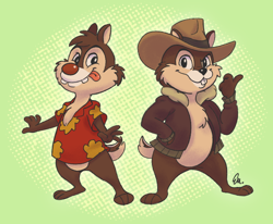 Size: 698x575 | Tagged: safe, artist:insanedingoart, chip (disney), dale (disney), chipmunk, mammal, rodent, anthro, chip 'n dale: rescue rangers, disney, mickey and friends, 2d, abstract background, black outline, brother, brothers, brown body, brown fur, cheek fluff, cream belly, duo, duo male, fluff, fur, green background, male, males only, siblings, simple background, tongue, tongue out