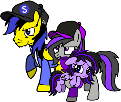 Size: 7593x6382 | Tagged: safe, artist:mrstheartist, oc, oc only, oc x oc, oc:ponyseb 2.0, oc:ruby belle, oc:viola love, equine, fictional species, mammal, pegasus, pony, feral, friendship is magic, hasbro, my little pony, absurd resolution, angry, cap, clothes, female, filly, foal, frowning, group, hat, hoodie, looking up, male, male/female, mare, parent:oc: ponyseb 2.0, parent:oc:viola love, parents:oc x oc, parents:violaseb (oc), protecting, purple eyes, raised leg, shipping, simple background, stallion, topwear, transparent background, trio, unamused, violaseb (oc), worried, young