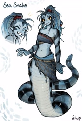Size: 2789x4096 | Tagged: safe, artist:matilda_fiship, fictional species, reptile, snake, anthro, naga, 2021, black scales, blue hair, blue scales, bottomwear, breasts, clothes, colored sclera, eyelashes, female, hair, long hair, looking at you, midriff, scales, sea snake, smiling, snek, solo, solo female, tail, topwear, yellow sclera