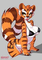 Size: 773x1100 | Tagged: safe, artist:aomori, artist:chilli_sfw, master tigress (kung fu panda), big cat, feline, mammal, tiger, anthro, dreamworks animation, kung fu panda, 2021, adorasexy, big breasts, bikini, black bikini, black nose, black swimsuit, blep, breasts, brown eyes, chest fluff, claws, cleavage, clothes, colored sclera, cute, ears, eyebrows, eyelashes, female, fluff, fur, gray background, multicolored fur, no pupils, orange body, orange fur, sexy, simple background, solo, solo female, striped fur, stripes, swimsuit, tail, tail fluff, thick thighs, thighs, tigress, tongue, tongue out, white body, white fur, wide hips, yellow sclera