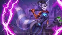 Size: 2000x1125 | Tagged: safe, artist:alanscampos, rivet (r&c), fictional species, lombax, mammal, anthro, ratchet & clank, 16:9, 2021, big breasts, blue eyes, breasts, clothes, ear fluff, ear piercing, earring, electricity, eyebrows, eyelashes, female, fluff, fur, gloves, goggles, goggles on head, hair, hammer, lightning, looking at you, piercing, prosthetic arm, prosthetics, scarf, smiling, smiling at you, solo, solo female, tail, tail fluff, teeth, thick thighs, thighs, wallpaper
