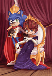 Size: 1280x1875 | Tagged: safe, artist:pesky-pincushion, princess sally acorn (sonic), sonic the hedgehog (sonic), chipmunk, hedgehog, mammal, rodent, anthro, plantigrade anthro, archie sonic the hedgehog, sega, sonic the hedgehog (series), 2021, duo, female, male, quills, sonally (sonic)