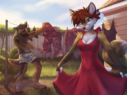 Size: 1100x825 | Tagged: safe, artist:koul, oc, oc only, canine, dog, fox, german shepherd, mammal, anthro, 4 toes, barefoot, breasts, camo, cleavage, clothes, clothes line, day, detailed background, dress, duo, eyebrows, eyelashes, feet, female, garden, hair, herding dog, male, outdoors, partial nudity, pastoral dog, plant, sky, smiling, toes, topless, vixen