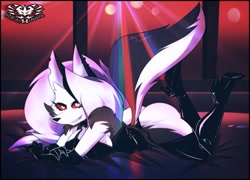 Size: 1898x1368 | Tagged: suggestive, artist:knightmnlight98, loona (vivzmind), canine, fictional species, hellhound, mammal, anthro, hazbin hotel, helluva boss, 2021, big breasts, big butt, black body, black fur, black nose, boots, breasts, butt, clothes, collar, colored sclera, ear piercing, earring, ears, eyelashes, female, fluff, footwear, fur, gloves, high heel boots, high heels, latex, latex boots, latex gloves, latex suit, legwear, leotard, looking at you, multicolored fur, piercing, red sclera, shoes, shoulder fluff, smiling, smiling at you, smirk, solo, solo female, teeth, thick thighs, thigh high boots, thighs, torn ear, white body, white eyes, white fur